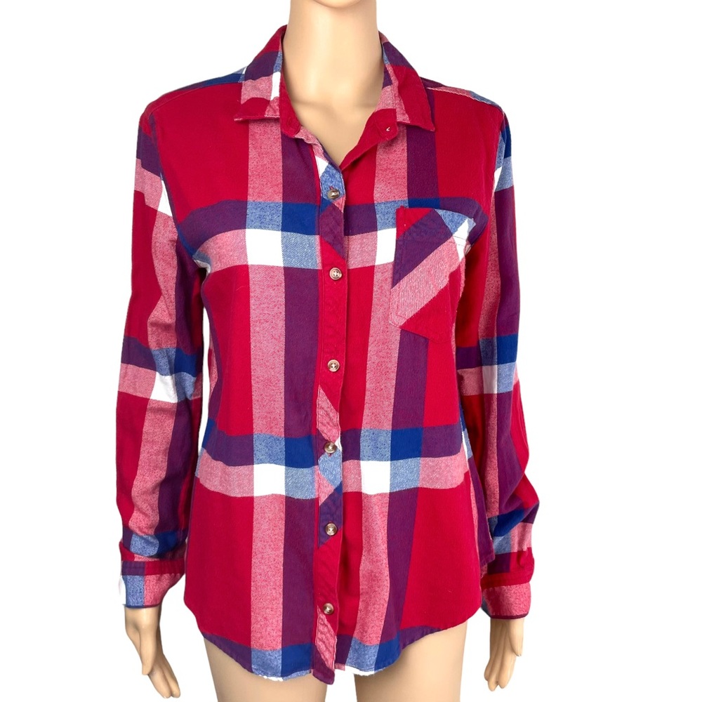 BDG Womens Flannel Shirt Sze M Red White Blue Plaid Button Down Long Sleeve